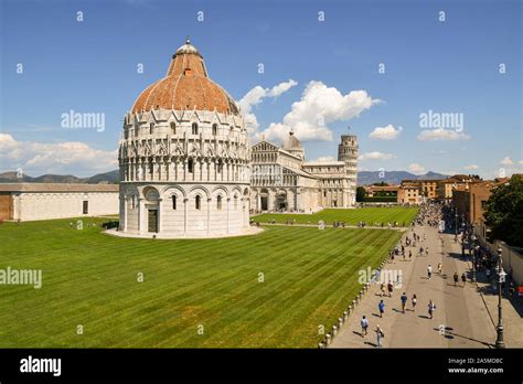Elevated Panoramic View Of The Famous Piazza Dei Miracoli In Pisa With