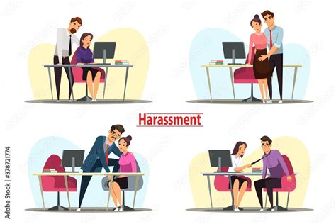 Sexual Harassment Assault And Abuse At Office Illustration Set Men Harassing Female Workers At