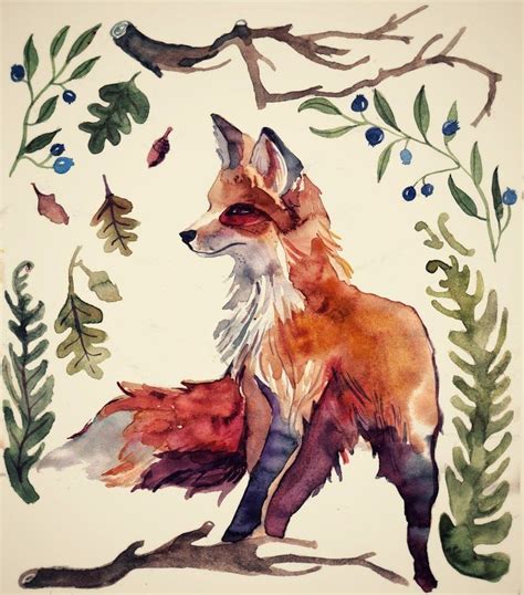 Fox Watercolour Illustration Autumn Акварельные иллюстрации Иллюстрации Разное