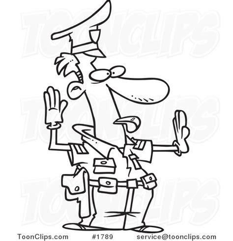 Cartoon Black And White Line Drawing Of A Police Officer Controlling