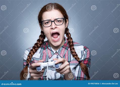 Nerd Woman With Gamepad Stock Photo Image Of Horizontal 99070856