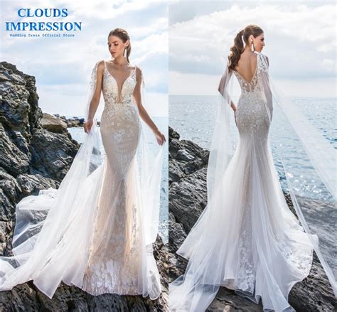 Clouds Impression Sexy 2019 Mermaid Wedding Dress Tulle Dress Lace Crystal Vestige De Noiva