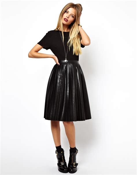 Asos Skater Dress With Leather Look Pleated Skirt In Black Lyst