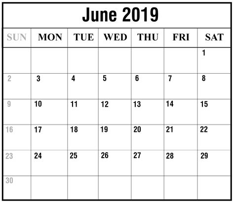 2019 June Blank Calendar Best Printable Calendar