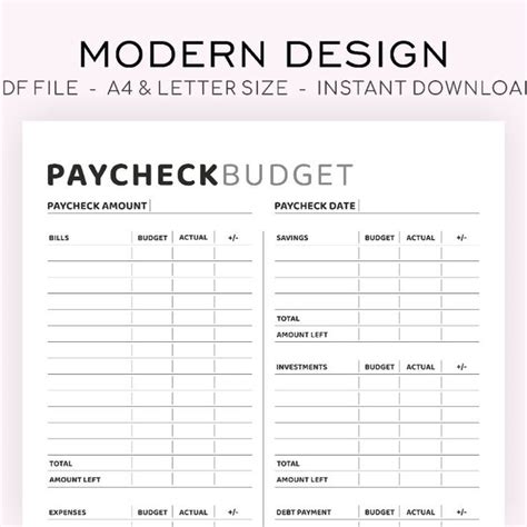 Printable Paycheck Budget Easy Budget Template Bill Payment Tracker