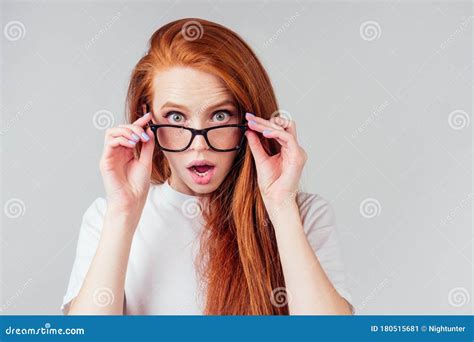 Redhaired Ginger Woman Wear Glasses In White Studio Stock Image Image