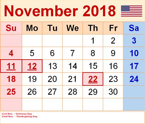November 2018 Calendar Us Holidays Calendar Holidays November