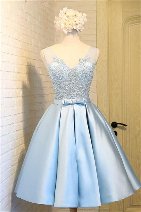 Ball Gown V Neck Light Blue Satin Lace Short Prom Dress