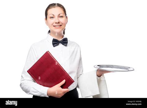 Successful Waitress With Menus And Empty Tray On A White Background
