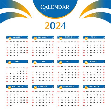 Calendário 2024 Com Azul E Amarelo Vetor Png Calendário Calendário