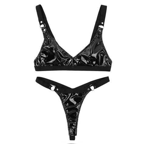 Womens Micro G String Thong Set Lingerie Wetlook Leather Latex T Back