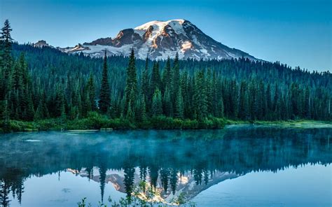 Nature Landscape Lake Forest Snowy Peak Morning Sunlight Mountain Water Reflection