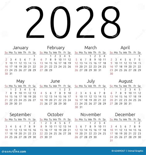 Calendário 2028 Do Vetor Domingo Ilustração Do Vetor Ilustração De