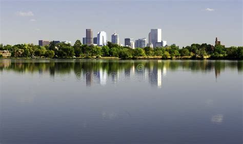 Denver Colorado City Skyline Reflecting On Sloan S Lake Stock Image