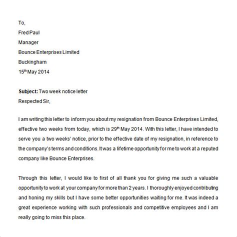 11 Two Weeks Notice Letter Templates Sample Templates