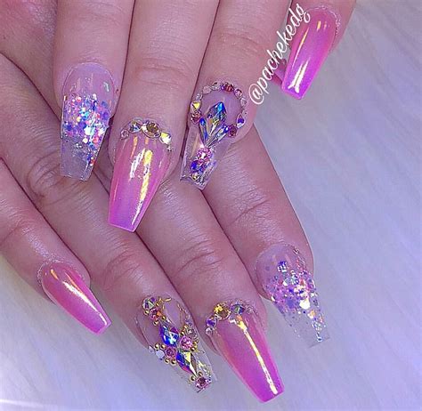 Pink Gel Acrylics With Rhinestones Nail Designs Bling Beauty Nails Design Glass Nails