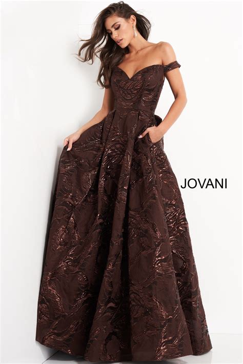 Jovani 05017 Brown Off The Shoulder Evening Gown Brown Prom Dresses
