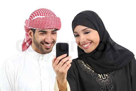 Arab Couple Sharing Social Media On The Smart Phone Stock Image