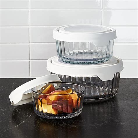 1 cup capacity round bowl with lid, 2 cup capacity round bowl with lid, 4 cup capacity round bowl with lid and 7 cup capacity. Anchor Hocking Embossed Glass 6-Piece Food Storage with ...