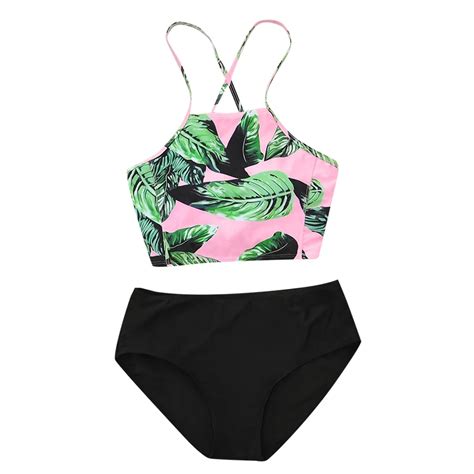 Midou Green Leaf Halter Bikini Set Women Summer Bikini Print High Waist
