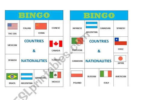 Bingo Cards Countries And Nationalities Esl Worksheet By Riobravo