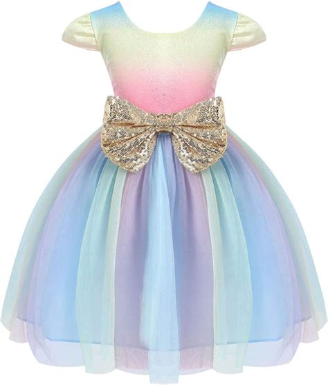Chictry Kids Girls Puff Sleeve Rainbow Dress Sequined