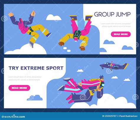 People Jumping With Parachutes Skydiving Web Banners Set Flat Vector