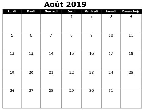 Août Calendrier 2019 Excel Accounting