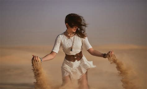 Wallpaper Sand Hair In Face Women Outdoors Desert White Dress
