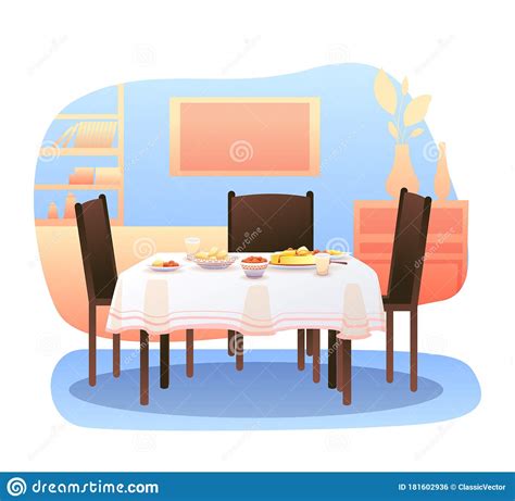 Cartoon Home Living Room With Served Dining Table Stock Vector