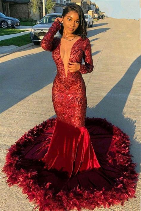 We've researched the best long sleeve wedding dresses out there. 2020 Dark Red V Neck Long Sleeves Feather Mermaid Prom ...