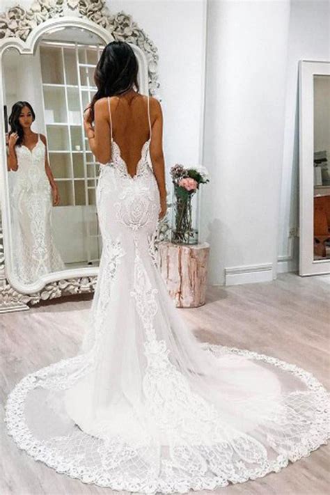 Spaghetti Strap Backless Lace Wedding Dress Mermaid Lace Long Bridal