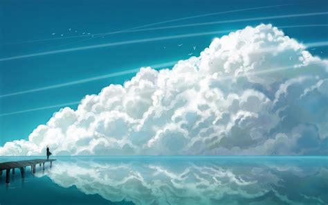 sunlight sea anime anime girls reflection sky artwork clouds horizon atmosphere pier