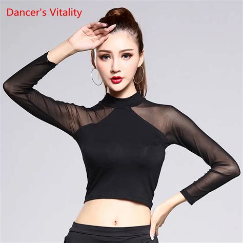 Solid Black Latin Dance Top For Women Gauze Long Sleeve Short Section Tops Sexy Ballroom Costume