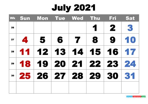Printable July 2021 Calendar Word Calendar 2021