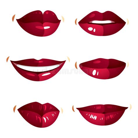 Set Of Vector Female Red Lips Expressing Different Emotions Stock