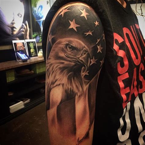 American Eagle Right Shoulder Black And White Tattoo Veteran Ink