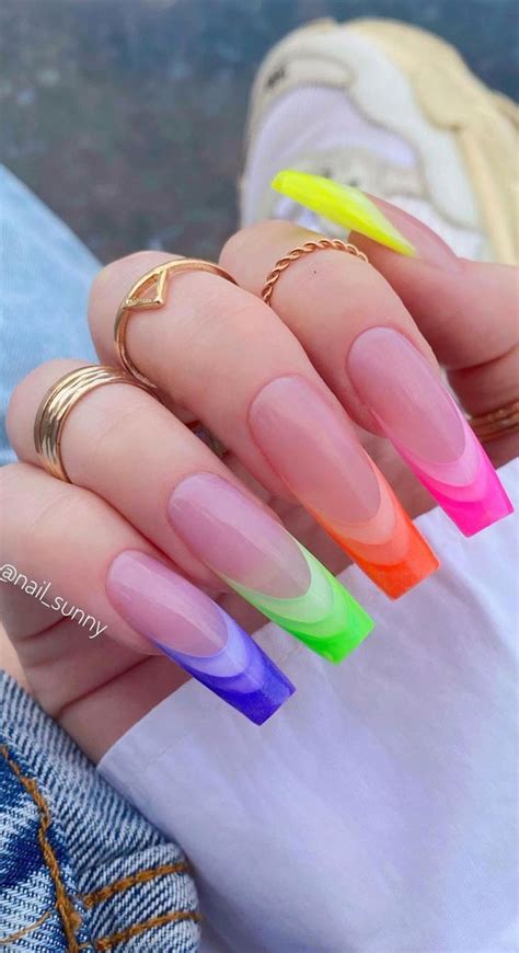 32 Hottest And Cute Summer Nail Designs Different Bright Color French Nails On Each Nail