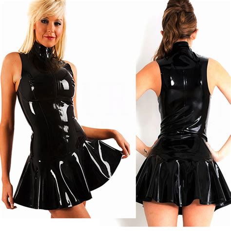 Plus Size S 3xl Women Black Pu Gothic Club Dress Sexy Pvc Leather Dress Bodycon Mini Pleated