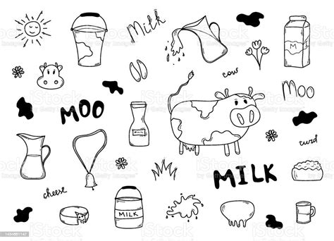 Doodle Milk Set Vector Illustration Isolated On White Background Stock