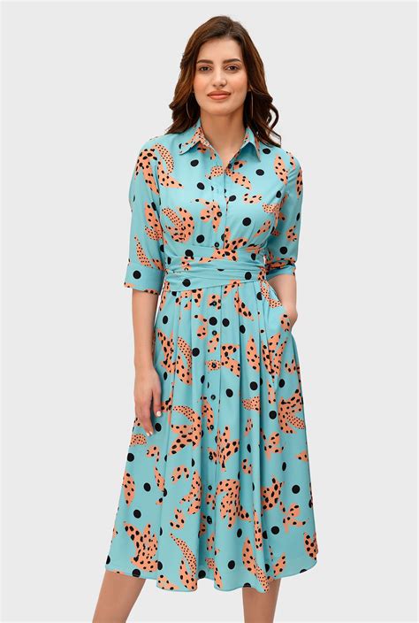 Shop Asymmetric Waist Floral Dot Print Crepe Shirtdress Eshakti