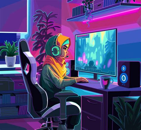 Girl Gamer Or Streamer With A Headset Sits In Front Of A Computer In A Cozy Room Stock Vector