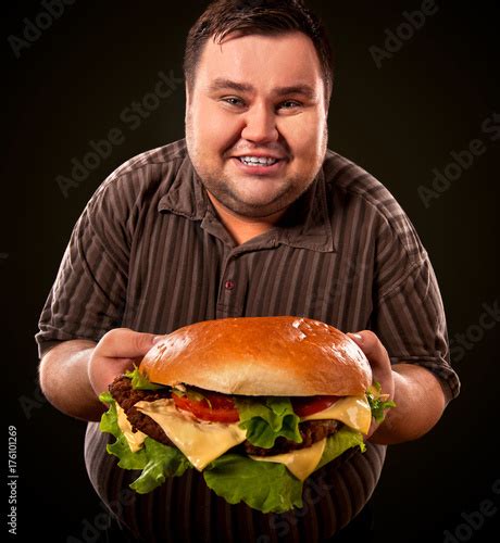 Man Eating Fast Food Hamberger Fat Person Made Great Huge Hamburger