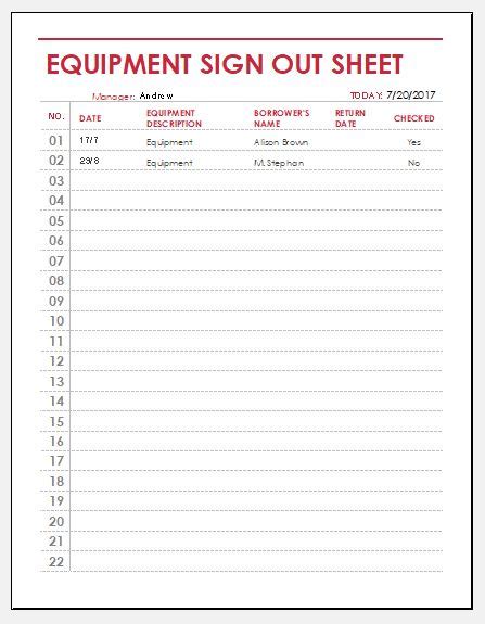 Equipment Sign Out Sheet Word And Excel Templates