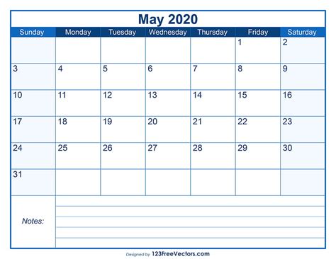 Blank Printable May Calendar 2020 Ai Eps Vector Uidownload