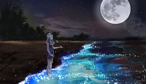 Digital Art Anime Landscape Sea Moon Shore Fantasy Art