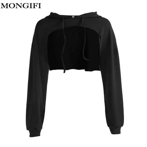 Moni Black Sexy Crop Hoodies Sweatshirts Women Long Sleeve Hollow Out Casual Hoodie Pullovers