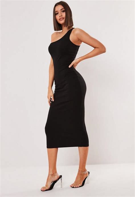 Black Ribbed One Shoulder Bodycon Midi Dress Missguided