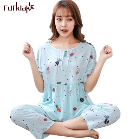 Fdfklak Fresh Print Cotton Blend Pajamas Women Short Sleeve Summer Pajama Set Female Sleepwear
