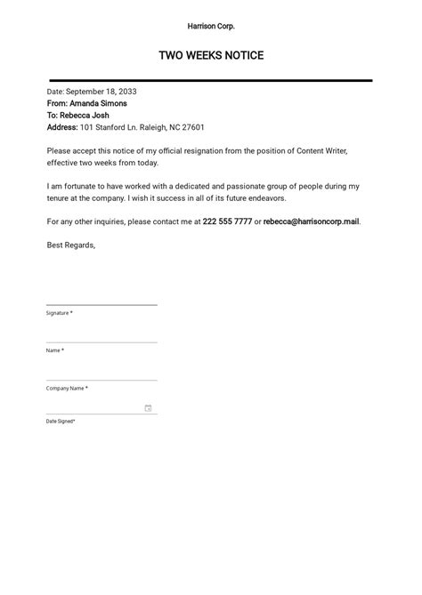 Two Weeks Notice Letter Template Free